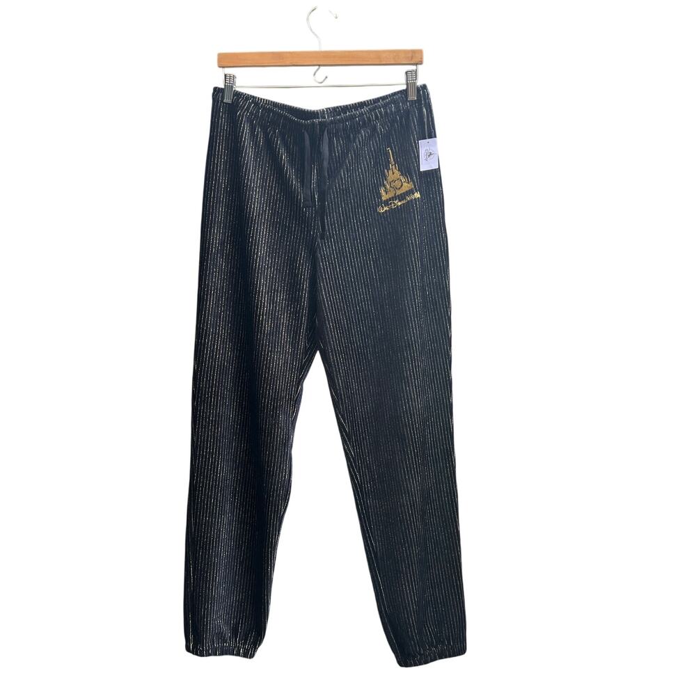 Disney 50th Anniversary Luxe Velour Spirit Jersey Jogger Pants Black Gold, M NWT